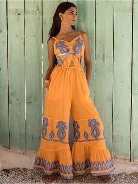 NWT NEMA Resort Embroidered Wide-Leg Jumpsuit in Orange and Blue